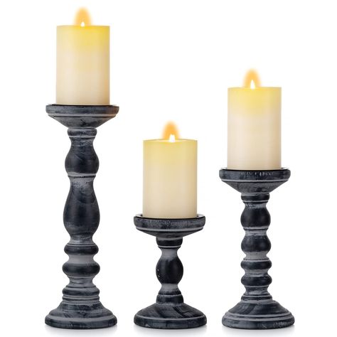 PRICES MAY VARY. Premium Quality - Romadedi pillar candle holders are made of natural solid wood, with a metal candle plate on the top for holding candle. The rustic candle holder set is carefully crafted, simple yet classic, very suitable for fireplace mantle, end table or entrance table. Traditional Farmhouse Flair - The black candle holder is designed in a distressed rustic finish, will go well with Italian, Spanish, traditional or farmhouse decoration flair. This candleholder set can be plac Make Your Own Candle Holders, Fireplace Candlesticks, Wooden Candle Stand, Wood Pillar Candle Holders, Farmhouse Candle Holders, Farmhouse Candle, Holding Candle, Large Pillar Candles, Brown Candles