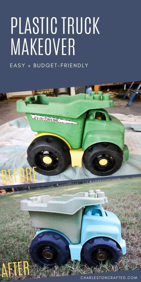 We received a hand me down plastic john deere truck that had seen better days. I wanted to spruce this toy up before I gave it to my son to play with, so I gave it an upcycled makeover with spray paint! #charlestoncrafted #plastictoy #toymakeover #spraypaint Plastic Toy Makeover, Painting Plastic Toys, Car Makeover, Toy Makeover, Spray Paint Plastic, Refurbishing Furniture, How To Spray Paint, Paint Plastic, Backyard Playhouse