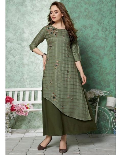 Moss Green Embroidered Rayon Kurti Party Wear Kurti, Plaza Design, Indian Kurti Designs, Rayon Kurti, New Kurti, Party Wear Kurtis, Designer Punjabi Suits, Kurti Designs Latest, Kurti Collection