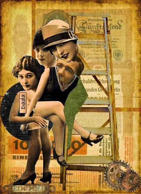 Louise Brooks ‘DaDa’ collage art by Marie with 1920’s Weimar Banknotes, a ladder signifies the climbing inflation and machine gears indicating the slowdown of the economy. Inspired by the master DaDa artistic Hannah Hoch. Hannah Hock, Hannah Hoch Collage, Dada Art Movement, Dadaism Art, Hannah Höch, Hannah Hoch, John Heartfield, Dada Artists, Dada Collage