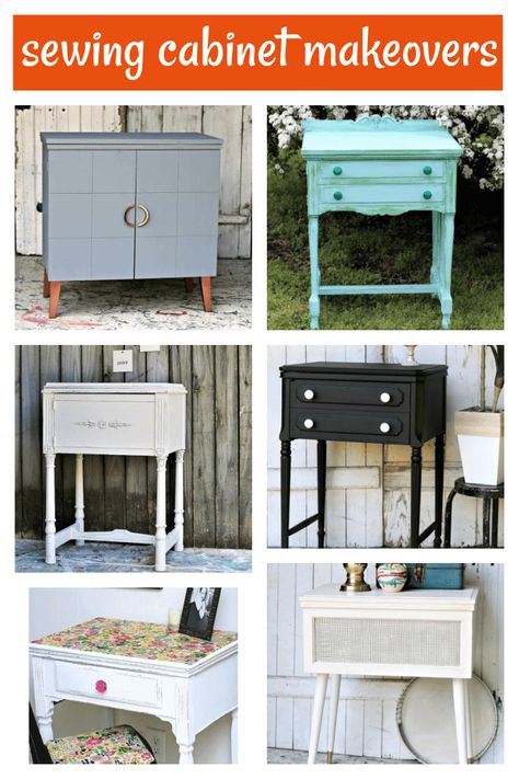 Sewing Machine Cabinet Makeovers With Before And After Photos Sewing Cabinet Redo, Sewing Cabinet Makeover, Black Distressed Furniture, Old Sewing Cabinet, Modern Sewing Machines, Sewing Cabinets, Sewing Machine Cabinet, Painting Old, Painting Wood Furniture