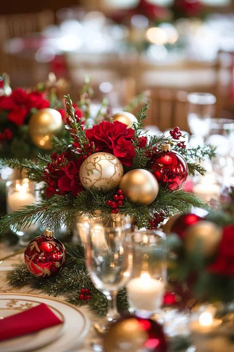 Christmas wedding idea Red Winter Wedding Decorations, Christmas Wedding Red And Green, Small Christmas Wedding At Home, Red And Green Winter Wedding, Christmas Wedding Reception Ideas, Christmas In July Wedding, Christmas Wedding Ideas Elegant, December Wedding Decorations, Winter Wonderland Wedding Centerpieces