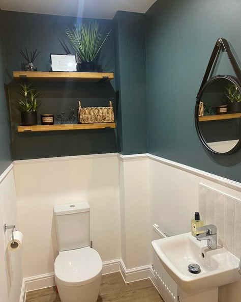 Bathroom With Dado Rail, Small Bathroom Ideas With Panelling, Toilet Room Ideas Panelling, Two Tone Small Bathroom, Downstairs Cloakroom Ideas Toilets, Cloakroom Decor Downstairs Loo, Bathroom Dado Rail, Wc Ideas Downstairs Loo Panelling, Small Bathroom Panelling Ideas