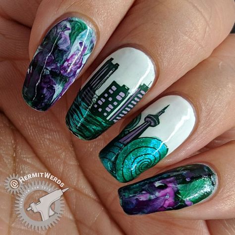 Seattle Tribute – Hermit Werds Seattle Nails, City Collage, Space Needle Seattle, Sinful Colors, White Polish, Nail Envy, Stamping Plates, Nails Designs, Favorite City