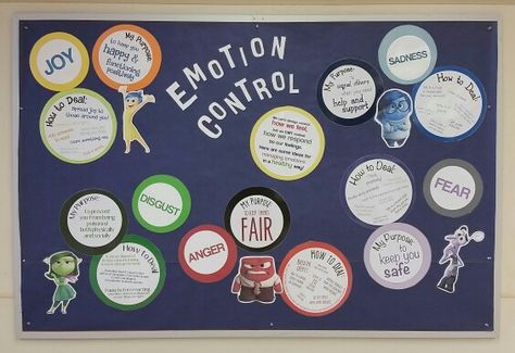 Inside Out counseling bulletin board on managing emotions Bulletin Boards For Elementary School, Emotions Bulletin Board, Bulletin Boards For Elementary, Emotion Control, Controlling Emotions, School Counseling Bulletin Boards, Counseling Bulletin Boards, School Based Therapy, All Emotions