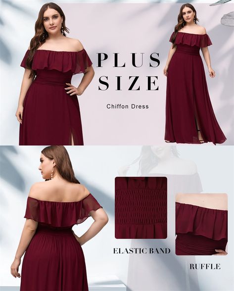 Chiffon Off Shoulder Dress, Bridesmaid Dresses Big Size, Berry Bridesmaid Dresses, Dress For Chubby Ladies, Dress For Chubby, Plus Size Bridesmaid Dresses, Ever Pretty, Bridesmaid Dresses Plus Size, Chiffon Maxi Dress