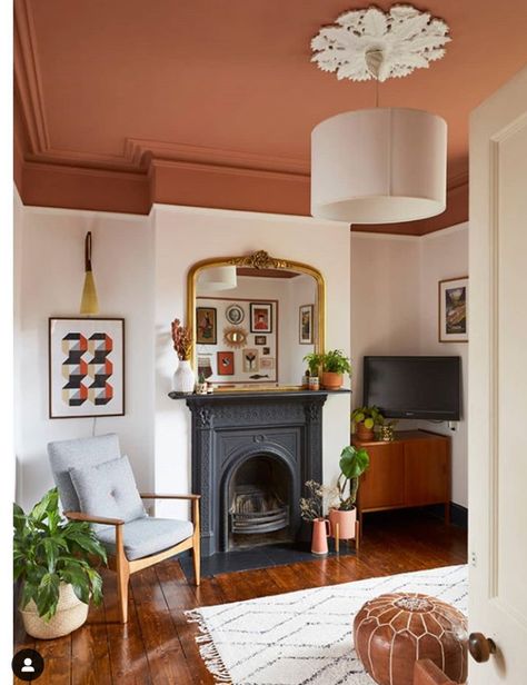 Terracotta Painted Ceiling, Victorian Painted Ceilings, Orange Ceiling Living Room, Colour Ceiling Living Room, Terracotta Ceiling Paint, Paint Colors For Old House Interior, One Painted Wall Living Room, Fully Painted Room, Hallway Ceiling Paint Ideas