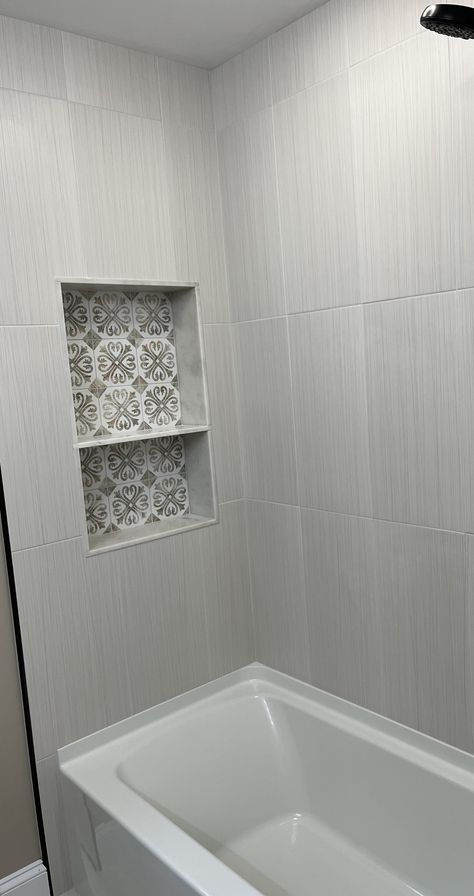 Vertical Tub Tile, Big Tile In Shower With Tub, Bathtub Shower Combo Large Tile, Bath Tub With Large Tile, Tub With Tile Walls And Niche, Tub Tile Surround Ideas Bathroom, Large Tile Bathroom With Tub, Long Tile Shower Wall, Tub Enclosure Tile Ideas