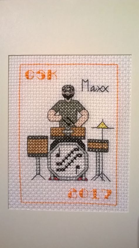 Drummer & Drum Kit  I created some personalised cross stitch greeting cards for my work colleagues inspired by Jo Verso's cross stitch books as a way of raising money for the Alzeimer's Society. They were very popular Drum Cross Stitch Pattern, Cross Stitch Drums, Country Bands, Personalized Cross, Cross Stitch Books, Set Patterns, Needle Arts, Cross Stitch Patterns Christmas, Drum Kits