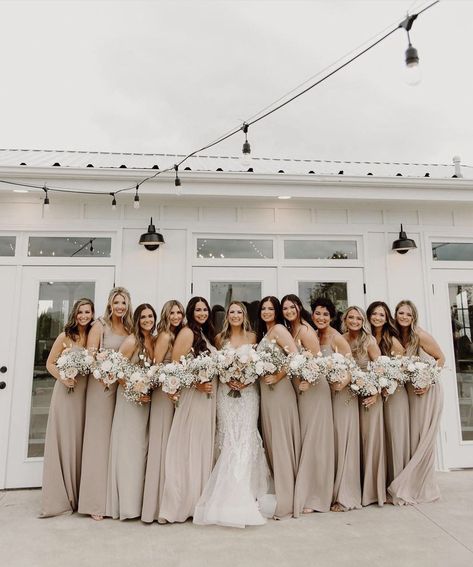 Bird Grey Bridesmaid Dresses, Taupe Wedding Colors, Birdy Grey Bridesmaid, Grey Weddings, Brides Maid Gown, Taupe Bridesmaid, Taupe Wedding, Bridal Parties Colors, Bridesmaid Poses