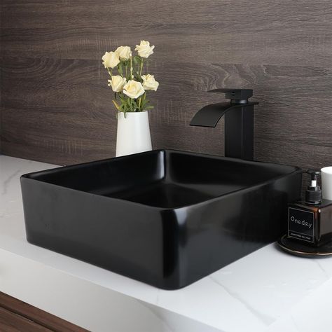 YTAPSINGS Bathroom Vessel Sink Rectangle Vessel Sink Ceramic Sink with Waterfall Faucet Combo Bathroom Sinks Above Counter and Pop-up Drain Black Bathroom Sink - Amazon.com Fancy Sink, Combo Bathroom, Black Bathroom Sink, Waterfall Faucet, Vessel Sink Bathroom, Bathroom Sinks, Ceramic Sink, Vessel Sink, Black Bathroom