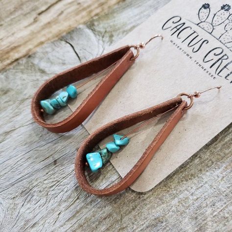 Beads And Leather Earrings, Bead And Leather Earrings, Leather Beaded Earrings, Handmade Leather Earrings, Turquoise Leather Jewelry, Diy Turquoise Jewelry, How To Make Leather Earrings, Easy Leather Projects, Leather And Bead Earrings