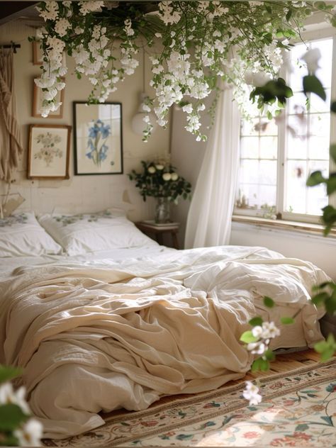 Botanical Bedroom Aesthetic, Flowers Above Bed, Floral Bedding Aesthetic, Floral Room Aesthetic, Floral Bedroom Aesthetic, Shelving Above Bed, Bedroom References, Cozy Rustic Bedroom, Daisy Bedroom