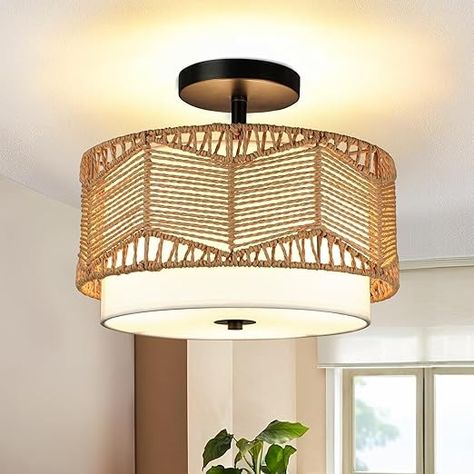 3-Light Semi Flush Mount Ceiling Light Fixture Woven Rattan Light Fixtures Ceiling Mount Boho Light Fixtures with Fabric Shade Ceiling Lights for Bedroom Dining Room Foyer Kitchen Hallway Farmhouse - Amazon.com Bedroom Ceiling Light Fixtures Ideas, Rattan Light Fixture Bedroom, Semi Flush Mount Chandelier Dining Room, Home Depot Lights, Wicker Flush Mount Light, Boho Ceiling Lights Living Room, Boho Living Room Light Fixture, Bathroom Flush Mount Light, Semi Flush Ceiling Lights Dining Room