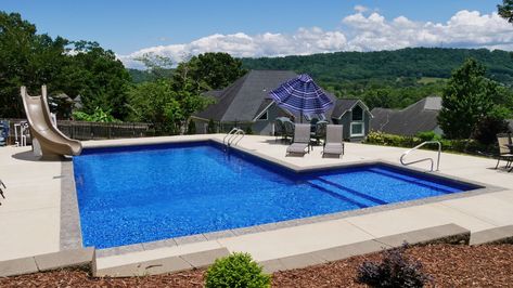 Classic Pools: A Cost-Effective Option with Custom Choices — Inground Pool Design Rectangle Pool With Tanning Ledge, Vinyl Inground Pool, Pool With Tanning Ledge, Pool Warehouse, Swimming Pool Kits, Inground Pool Designs, Rectangle Pool, Tanning Ledges, Pool Kits