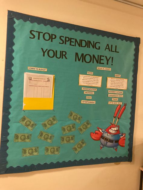 Finance Bulletin Board Ideas, Accounting Bulletin Board, Personal Finance Bulletin Board, Accounting Bulletin Board Ideas, Financial Literacy Bulletin Board, High School Bulletin Boards, Class Bulletin Boards, Wall Boards, Ra Bulletins