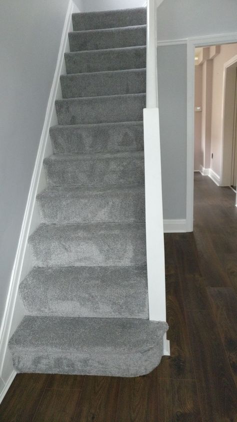 Gray Carpet Living Room Furniture, Hallway Grey Walls, Stairs Paint Color Ideas, Stairs Grey Carpet, Hallway And Landing Paint Ideas, Grey Carpets For Stairs And Landing, Grey Stair Carpet Ideas, Grey Landing And Stairs, Grey Carpet Hallway And Stairs