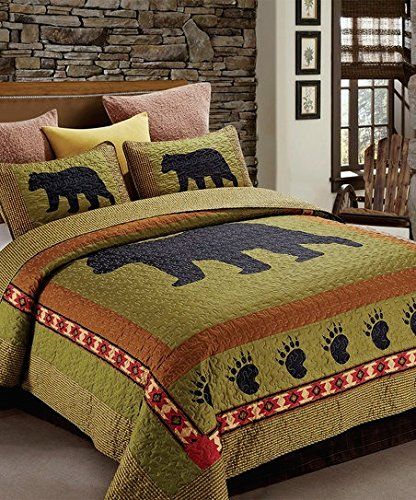 3pc KING Size Rustic Cabin/Lodge Bear Paw Quilt Set (105"x95" King Quilt + Two King Pillow Shams) Bear Tracks Quilt, Fish Textiles, Lodge Bedroom, Minimalist Pillow, Bear Bed, Bear Tracks, Mountain Love, Green Bear, Cabin Home