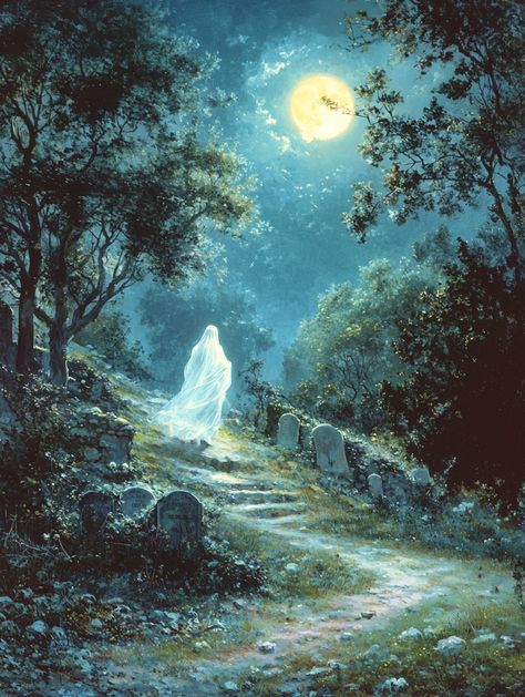 An ethereal ghost drifts through a romantic, moonlit landscape, surrounded by ancient gravestones. This hauntingly beautiful gothic scene blends the mysterious with the serene, creating a perfect spooky yet tranquil aesthetic.

#GothicRomantic #EerieGhost #GothicLandscape #HauntedBeauty #Gothic #Ghost Tranquil Aesthetic, Moonlit Landscape, Gothic Landscape, Famous Art Pieces, Mythology Paintings, Religious Paintings, Macabre Art, Digital Paintings, Hauntingly Beautiful