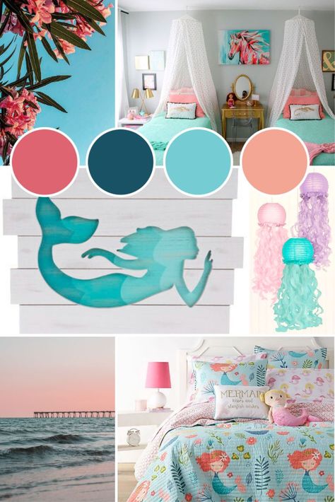 Mermaid Accent Wall, Kids Bedroom Princess, Mermaid Bedroom Ideas, Girls Mermaid Bedroom, Girls Room Mermaid, Mermaid Girls Room, Little Mermaid Room, Bedroom Mood Board, Violet Room