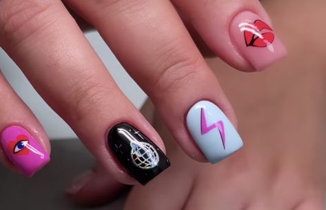 Colorful nail art - lightning bolt, heart, lips, disco ball Thunderbolt Nail Art, Nail Art Lightning Bolt, Nail Art Lightning, Disco Ball Nails Designs, Lightening Bolt Nail Design, Disco Ball Nail Art, Disco Nails 70s, Disco Nail Art, Disco Nails Designs