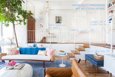 How I Baby-Proofed My House - Emily Henderson Emily Henderson Living Room, White Upholstery Fabric, Sunken Living Room, Stair Case, Lan Can, Emily Henderson, Neutral Living Room, Terrace Design, Lounge Decor