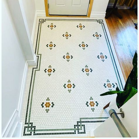 1930s Tile Bathroom, Penny Tile Foyer, Historic Bathroom Tile, Fun Bathroom Ideas Creative, 1920 Tile, Mudd Room, 1930s Bathroom, Historic Tile, Colony House