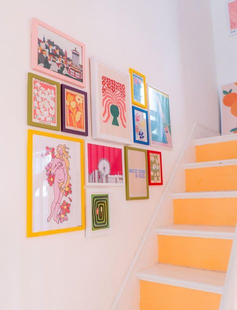 Colorful Gallery Wall Staircase, Fun Picture Frame Wall, Colorful Wall Art Frames, Maximalist Picture Frame, Coloured Frames On Wall, Bright Colored Picture Frames, Colourful Picture Frames On The Wall, Coloured Picture Frames, Playroom Wall Collage