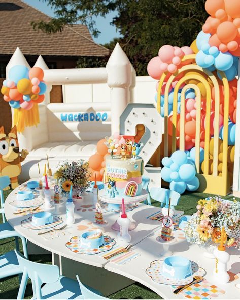 Bluey Party Balloon Arch, Blue Second Birthday, Bluey Party Welcome Sign, Bluey Birthday Beach Party, Blues Birthday Theme, Rainbow Bluey Party, Bluey Summer Party, Bluey Theme Party Ideas, Bluey Ice Cream Party