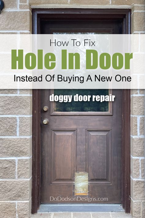 Don't buy a new door! The hole made from a dog door can be repaired or covered up. Learn how I fixed the hole in my door with this creative idea. It's my best DIY door makeover project to date, and it saved me a lot of money. How To Cover Up A Cat Door, Door Hole Cover Up, Fix Hole In Door, Diy Coverup, Diy Door Makeover, Diy Doggie Door, Exterior Paint Sherwin Williams, Rental Remodel, Flat Roof House Designs