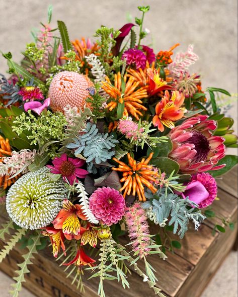 Banksia Wedding Bouquet, Australian Native Flower Bouquet Wedding, Banksia Flower Arrangement, Native Flower Bouquet Australian, Large Native Flower Arrangements, Bright Pastels, Backyard Wedding, Summer Vibes, Flower Power