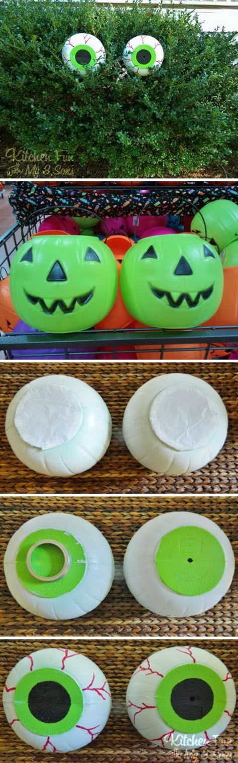 Spooky Bush Eyes Diy Halloween Dekoration, Creative Halloween Decorations, Dollar Store Halloween Decorations, Halloween Decor Diy, Halloween Outside, Hallowen Ideas, Dollar Store Halloween, Dollar Store Diy Projects, The Creeper