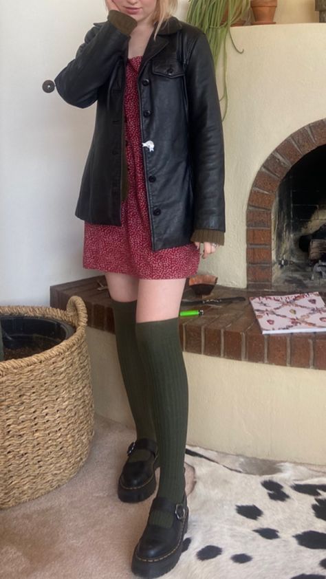 Dress With Knee High Socks, Docs Summer Outfits, Knee High Doc Martens Outfits, Dress With Mary Janes, Grunge Outfits Mary Janes, Knee High Socks Doc Martens, Black Mary Janes Doc Martens, Outfit Inspo Leather Jacket, Doc Martens Mary Janes Outfit