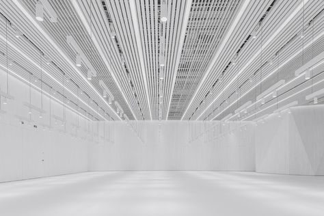 Interior Hall(Performance). Image © Weiqi Jin Space Station Interior, Office Ceiling, Futuristic Space, Architecture School, Function Hall, Hair Salon Interior, Timber Slats, Bar Design Awards, White Hall