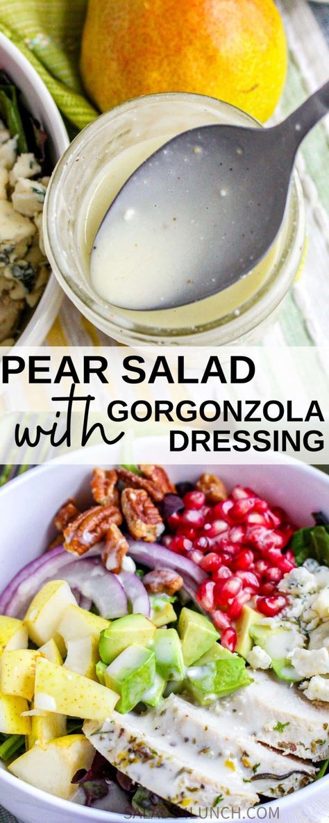 Gorgonzola Pear Chicken Salad, Pear Gorgonzola Salad Dressing, Gorgonzola Dressing Recipe, Pear Salad Dressing, Healthy Fall Salad Recipes, Pear Gorgonzola Salad, Gorgonzola Dressing, Meal Salads, Pear Gorgonzola