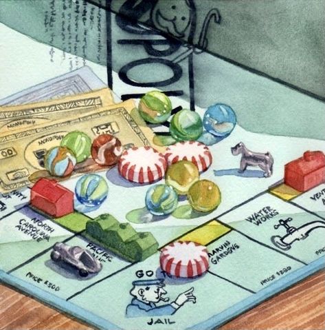 Lorraine Watre | WATERCOLOR | Monopoly, Marbles and Mints Photoshop Typography, Nostalgia Art, Amazing Paintings, Poster Drawing, Twenty Four, Ap Art, Animated Drawings, Daily Paintworks, Watercolor And Ink