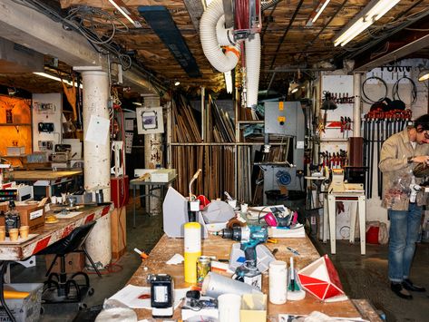 Tom Sachs, the Handyman of High Art | GQ Tom Sachs, Art Galleries Design, Art Studio Organization, Studio Organization, Art Therapy Activities, Workspace Design, James Brown, High Art, Japanese Tea