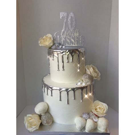 70 years Blessed Birthday Cake. Drip Cake. Buttercream cake. White and silver cake. Elegant White Cake Birthday, Birthday Cake White And Silver, Silver And White Birthday Cake, Silver Cake Ideas, Silver Drip Cake, Silver White Cake, White And Silver Cake, Silver Birthday Cake, 25th Wedding Anniversary Cakes