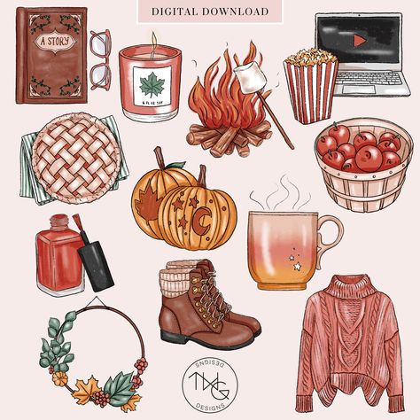 Printable Movie Night Decorations, October Clip Art, November Aesthetic Cozy, Fall Stickers Aesthetic, Overlays Web, Movie Night Stickers, Hand Wreath, Sweater Drawing, Tea Evening