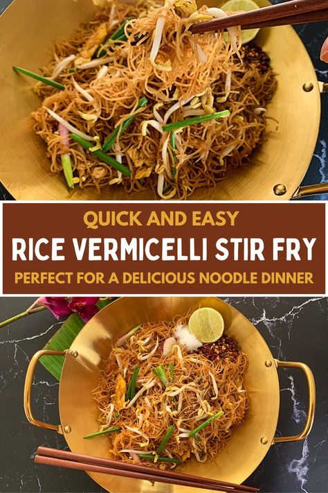 Rice vermicelli stir-fry with chopsticks and a lime wedge in a golden dish. Vermicelli Stir Fry, Veggie Stir Fry Recipes, Vermicelli Rice, Vermicelli Recipes, Rice Noodle Recipes, Noodle Dinner, Laos Food, Easy Rice, Delicious Family Meals