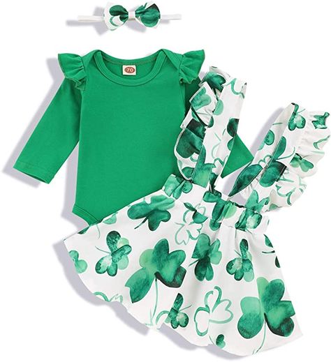 Baby Girl St Patrick's Day Outfit Romper Four Leaf Clover Skirt 1st Outfit Set St Patricks Outfit, White Knee Socks, St Patrick's Day Outfit, Ruffle Romper, Saint Patrick, Day Outfit, Four Leaf, Leaf Clover