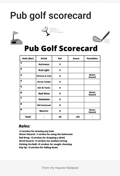 Bar Golf Scorecard, Golf Bar Crawl, Pub Golf Rules, Pub Golf Scorecard, Bar Golf, Pub Golf, Golf Bar, Golf Scorecard, Felt Plushie