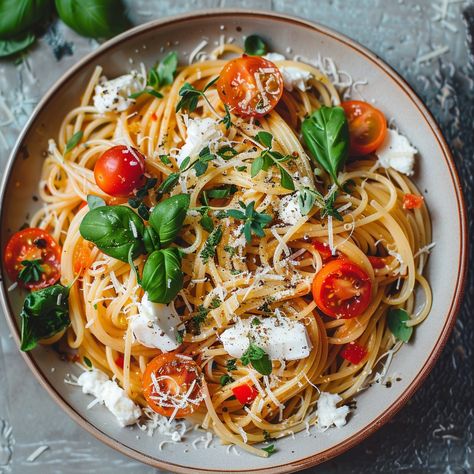 Spaghetti with Goat Cheese and Cherry Tomatoes Recipe (Serves 4) Ingredients 12 oz (340 g) spaghetti 2 tablespoons olive oil 3 cloves garlic, minced 1 pint (2 cups) cherry tomatoes, halved 1/4 teaspoon red pepper flakes (optional) 1/2 cup fresh basil leaves, torn or chopped 4 oz (115 g) goat cheese, crumbled Salt and black pepper to taste Grated Parmesan cheese, for serving Fresh herbs (such as oregano and thyme) for garnish Instructions Cook the Spaghetti: Bring a large pot of salted water... Pasta Goat Cheese, Cherry Tomatoes Recipe, Cherry Tomato Recipes, Tomatoes Recipe, Basil Leaves, Guilty Pleasure, Parmesan Cheese, Grated Parmesan Cheese, Red Pepper Flakes