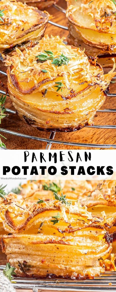 Crispy Layered Potatoes, Parmesan Stacked Potatoes, Au Gratin Potato Stacks, Sliced Potato Stacks, Sliced Garlic Potatoes, Elevated Potato Dish, Potato Stacks Muffin Tins Parmesan, Best Potatoes Recipes, Jack Stack Cheesy Potatoes