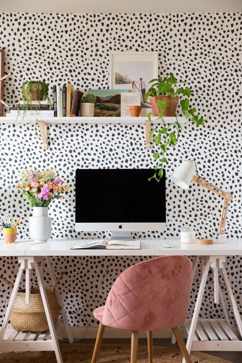 Polka dot wall paper | home office Double Home Office, Boho Office, White Desk, Office Makeover, Small Home Office, Style Deco, Home Office Space, Office Setup, Office Room