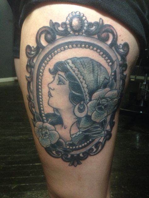 Gypsy cameo traditional tattoo black and grey. Done by Shelby at Hallows Eve tattoo Cameo Tattoo Traditional, A Frame Tattoo, Cameo Tattoo, Traditional Tattoo Black And Grey, Eve Tattoo, Frame Tattoo, Tattoo Black And Grey, Tattoo Traditional, Sleeve Ideas