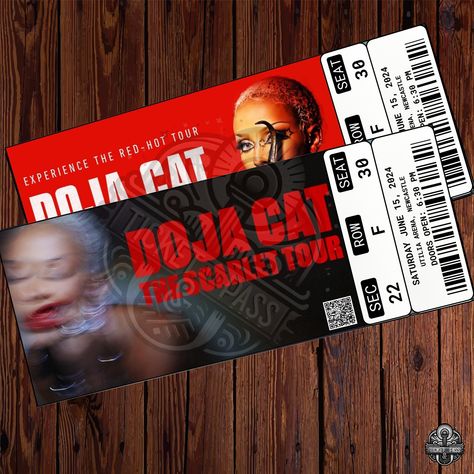 Embark on a musical adventure with our instant download custom surprise experience for the Doja Cat - The Scarlet Tour music concert! 🎶 This listing provides a unique and personalized way to gift a faux ticket for the vibrant concert, perfect for any Doja Cat fan. 🌟 Surprise with Flair: Envision the thrill of presenting someone special with a custom-themed ticket to the electrifying Doja Cat - The Scarlet Tour. This instant download allows you to create a stunning and thoughtful gift, inviting Tour Music, Ticket Design, Theater Tickets, Bad Gal, Event Organiser, Could Play, 12th Birthday, Gift For Music Lover, Concert Tickets