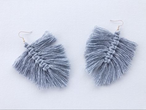 Feather Earring Diy, Macrame Feather Earrings Diy, Make Feather Earrings, How To Stiffen Macrame Feathers, What Size Cord For Macrame Earrings, Macrame Feather Earrings, Feather Earrings Diy, Feather Macrame, Grey Macrame