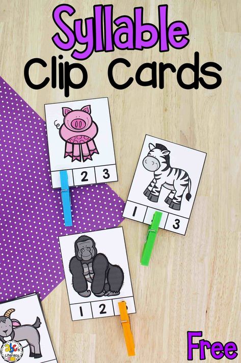 Are you looking hands-on phonics activity for your kids? These Syllable Clip Cards are a fun way for pre-readers to practice identifying the number of syllables in a words and develop their fine motor skills. Included in this free printable are 15 clip cards with animal pictures with 1, 2, and 3 syllables. Click on the picture to get these free syllable clip cards! #clipcards #syllables #syllableclipcards #phonicsactivity #beginningreaders Free Syllable Activities, Clip Cards Free Printable, Syllables Kindergarten, Syllable Activities, Kinder Literacy Centers, Free Phonics Activities, Syllable Games, Teaching Syllables, Phonemic Awareness Kindergarten