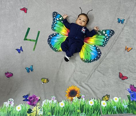 Butterfly Theme Baby Photoshoot, Butterfly Photoshoot Ideas, 4 Month Baby Photoshoot, Butterfly Photoshoot, Different Emojis, Butterfly Birthday Theme, Boy Photoshoot, 4 Month Baby, Monthly Baby Photos